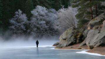 Waves of icy fog billow through a tranquil forest obscuring gnarled branches and mossy rocks. A solitary individual stands at the edge of a frozen pond exhaling slowly. The vapor diffuse photo
