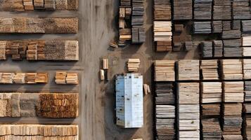 A highaltitude shot capturing the intricate layout of a lumber yard where different sections are segmented by specific wooden products highlighting the contrast between raw material photo