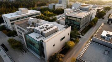An aerial view of a modern research facility showcasing a network of laboratories and outdoor research areas illuminated by sunlight photo