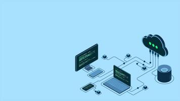Cloud technology computing animation. Modern cloud technology. Data center isometric concept. Isometric cloud technology with datacenter. Web hosting concept. 4K animated in isometric style. video