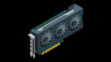 Isometric graphic card animation. card isometric. Computer hardware components. GPU graphic card 4K animation. Transparent background with alpha channel video