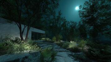 An evening scene where the biomirror forest glows softly under the moonlight the fractal patterns subtly enhancing the ambient light creating an otherworldly atmosphere that echoe photo