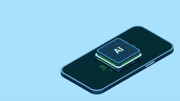 Isometric smartphone with AI animation. Artificial intelligence and smartphone concept. Smartphone with futuristic artificial intelligence processor. 4K animated in isometric style video