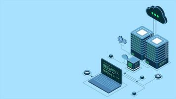 Isometric computer technology animation. Computation of big data center. Cloud computing. Online devices upload and download information. 4K animated in isometric style. video