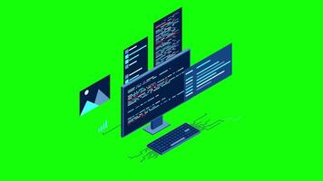 Isometric desktop computer. Coding programming technology. Programming concept. Technology animation. video