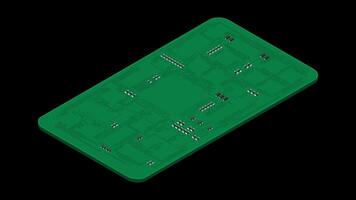 Isometric electronic board animation with USA flag. Isometric printed circuit board with electronic components. Electronic components and integrated circuit board. Transparent background video
