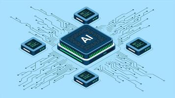 isométrico artificial inteligência lasca animação. artificial inteligência conceito. futurista microchip processador. movimento gráfico. 4k animado dentro isométrico estilo, video