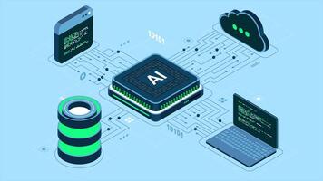 isométrico artificial inteligência lasca animação. artificial inteligência servidor. futurista microchip processador. isométrico nuvem Informática. 4k animado dentro isométrico estilo. video