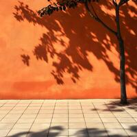 Tree casting shadow on orange wall and tiled floor photo