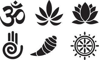 a set of four different symbols including a lotus, lotus flower, lotus leaf, vector