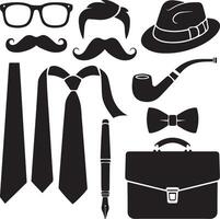 set of hipster icons, including a hat, tie, glasses, mustache, bow tie, vector