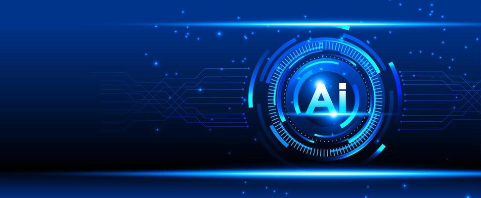 Artificial intelligence technology with futuristic rings and light effects on dark blue background for presentation