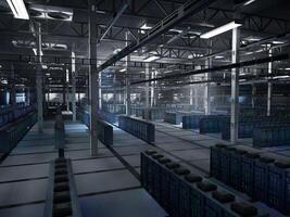 Server room arrays processing neural network datasets, model outputs and machine learning processes at enterprise scale. High density hardware running AI workflows, 3D rendering photo