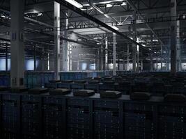 Server infrastructure systems delivering AI automation and cloud storage management. Dimly lit server farm with mainframes equipment supporting enterprise data exchange, 3D rendering photo