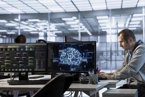 Admin fixing computer crashes affecting server room AI workloads, typing on keyboard. Artificial intelligence employee trying to repair data center systems after network failure photo