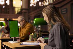 Mature focused student writes a transcript next to copy space display, review academic books and preparing information for her thesis paper in a campus library. Taking notes for research. photo