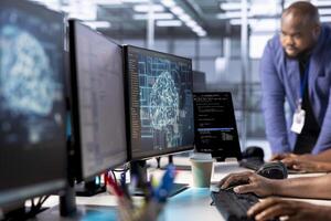 Server hub worker creating AI systems high performance computing engine on PC. System administrator in data center developing artificial intelligence capable of producing human cognitive abilities photo