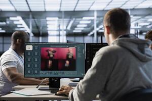 Engineer in server hub coding AI program turning text prompt into photos. IT specialist in data center using computer to build text to image artificial intelligence generative models photo