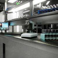 Hospital lab with sterile test tubes and glass vials prepared for sample analysis in clinical setting. Advanced medical environment used for patient testing and research procedures, 3D render photo