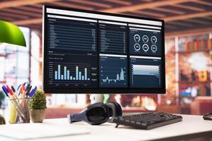 Financial software user interface on PC screen in apartment showing company growth graphs. Close up of accounting sales statistics on computer display showing economical figures and income photo