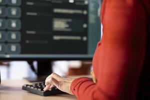 AI chatbot application displayed on a desktop computer for solutions, helping streamline text based tasks. Woman showcases digital innovation, automation and machine learning for seamless support. photo