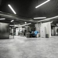 Advanced diagnostic lab with metallic equipment and illuminated ceiling panels in sterile testing environment. Clean healthcare space used for high precision experiments and lab workflows, 3D render photo