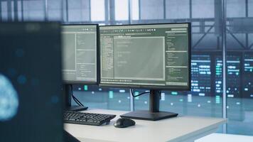 Close up of PC displays in server farm using artificial intelligence to analyze raw data, draw inferences and make predictions. Computers in empty data center use AI to develop pattern recognition photo