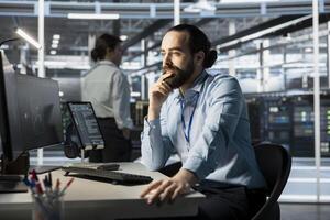 System administrator using computer in data center, managing server virtualization, running scripts. IT specialist using programming language on PC in server farm, finetuning network protocols photo