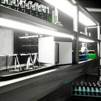 Hospital lab station with sterile vials and glass flasks placed on metallic shelves. Medical equipment used for clinical diagnostics, sample analysis and research workflows, 3D render photo