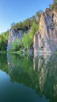 un lago rodeado por acantilados y arboles video