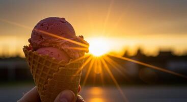 A person holding an ice cream cone with the sun setting in the background photo
