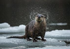 A small otter is standing on ice with water splashing around it photo