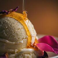 A close up of a ice cream with honey and syrup photo