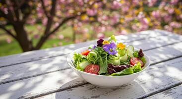 A salad is sitting on a table in front of a tree photo