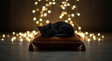 A black cat sleeping on a pillow in front of a string of lights photo