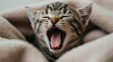 A kitten yawning while laying on a blanket photo