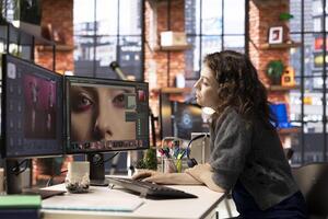 Photographer using AI program turning text prompt into photos, retouching technique. Graphic designer text to image artificial intelligence generator transforming words into pictures. photo