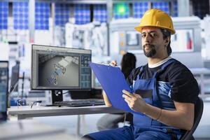Portrait of photovoltaics factory engineer looking over paperwork documents, analyzing data. Solar panels manufacturing plant employee reading documentation files to learn how to troubleshoot errors photo