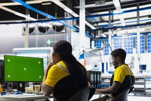 Solar panels engineer overseeing energy consumption with isolated screen PC. Photovoltaics facility supervisor ensuring optimal use of manufacturing plant resources using monitor. photo