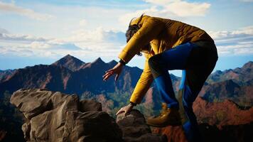 Battling intense wind and searching for better telephone signal, young hiker acting reckless distracted by smartphone on mountain top. Tumbling on the steep cliffs of a scenic peak. Camera A. photo