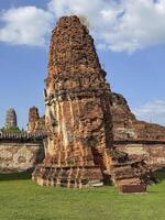Breathtaking view of Wat Maha That Buddhist temple building in the sunlight, admiring ancient brick architecture at the famous Thailand landmark. Spiritual and cultural tourist attraction. photo