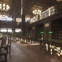 Spacious university library with empty seats, tables and soft light across tiled wood floor. Old library learning room featuring decorations, wooden shelves and calm atmosphere for student focus photo