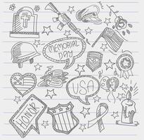 Hand-drawn Memorial Day doodle with ribbon, dog tags, candle, USA flag, and speech bubbles. Ideal for remembrance graphics. vector