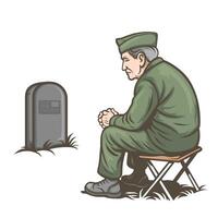 A soldier sitting on a chair next to a grave vector