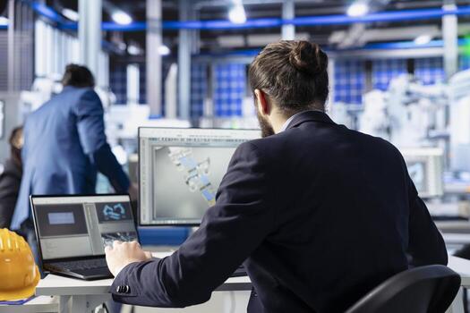 Man in photovoltaics factory office monitoring system performance on laptop. Solar panels plant employee at computer desk using notebook to track energy production and efficiency photo