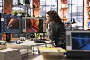 Woman using an AI chatbot interface to generate game spaceship environments, modern system applies deep learning and machine learning techniques. Developing sci fi gaming designs. photo