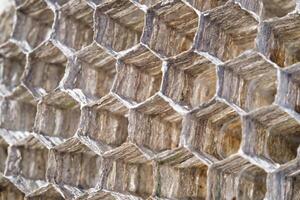 Macrophotography Wasp nest with hexagonal holes. Abstract textural backgrounds with dense hexagonal structure without gaps. Wasp nest for storing larvae, pollen and honey. Transparent nest. copy space photo
