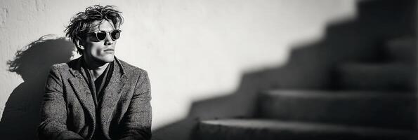 Monochrome portrait of a man in a patterned suit against a wall photo