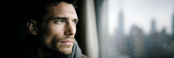 Man Looking out Window on Rainy Day lost in thoughts photo