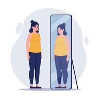Woman with body image issues looking in mirror, low self-esteem vector